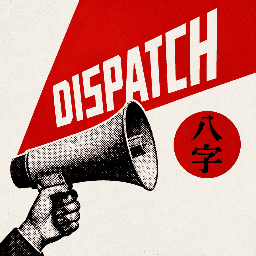 ภาพโปสเตอร์: มือถือโทรโข่งประกาศคำว่า DISPATCH พร้อมวงกลมแดงอักษร 八字